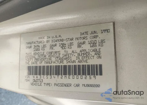 1991 Mitsubishi Eclipse из США, поврежденный, VIN 4A3CS34T2ME000259